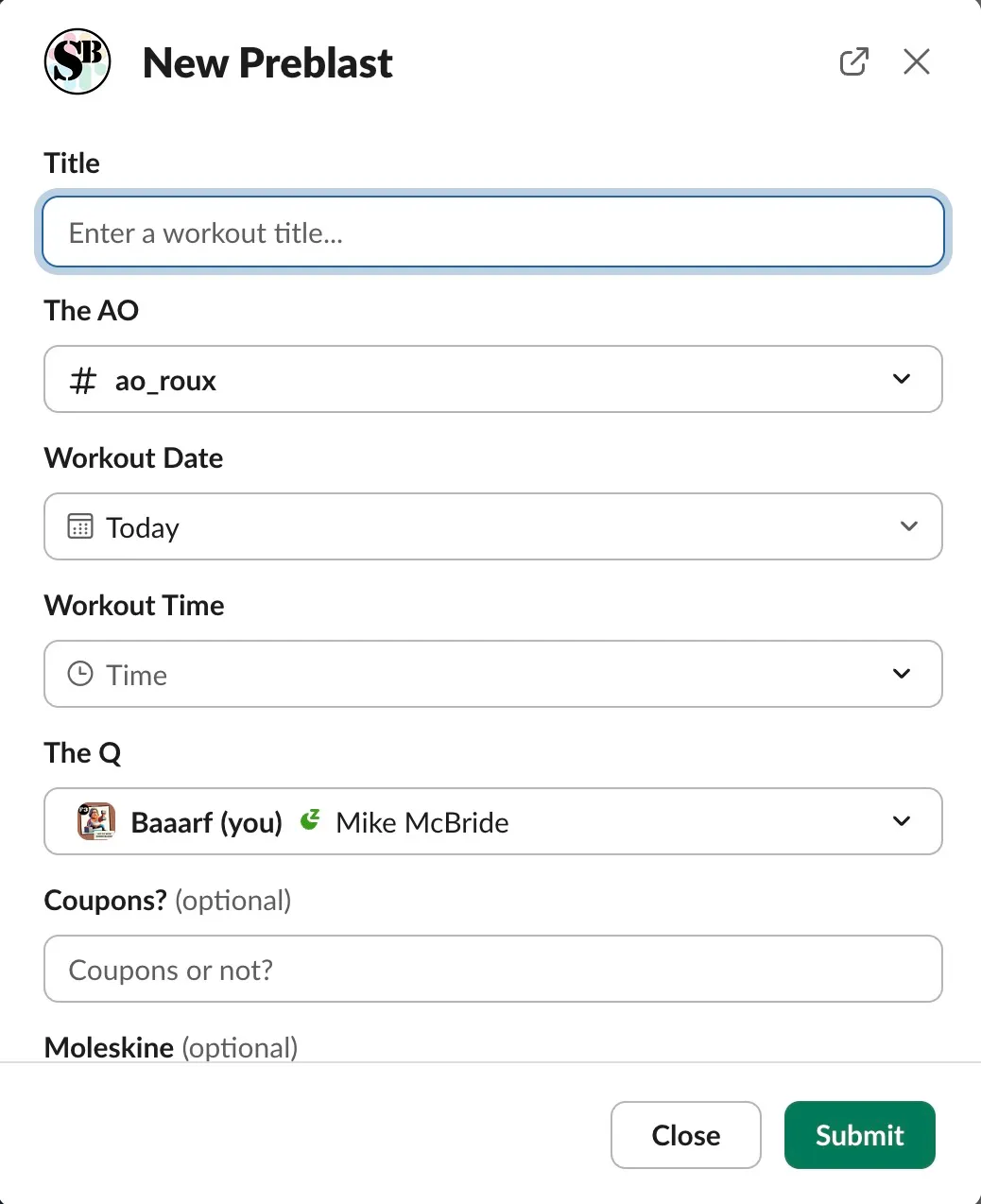 A screenshot of the preblast form in Slack